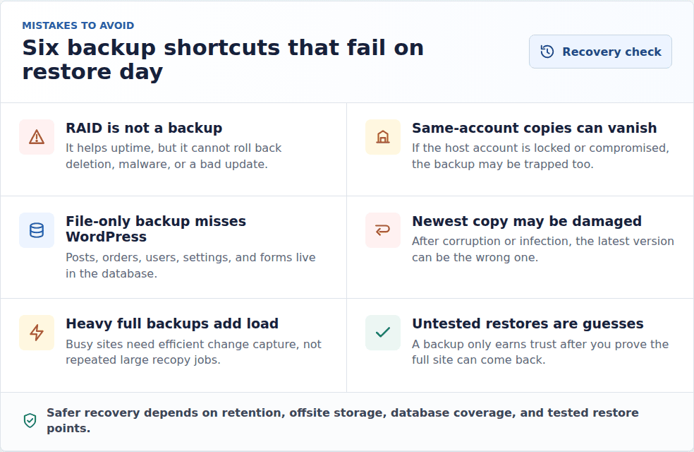 Checklist of restore day backup mistakes including same account storage file only backups and untested restores