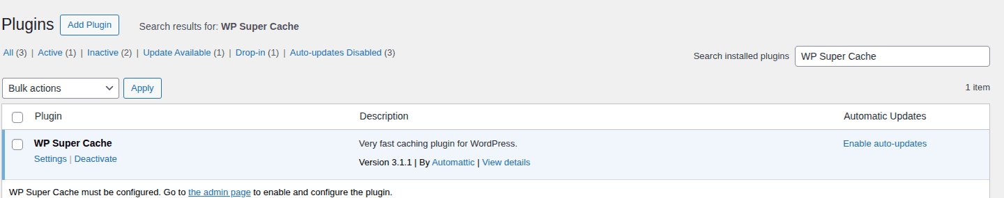 WordPress Plugins screen showing one active caching plugin