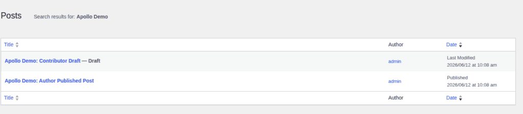 WordPress Posts list showing demo author and contributor content