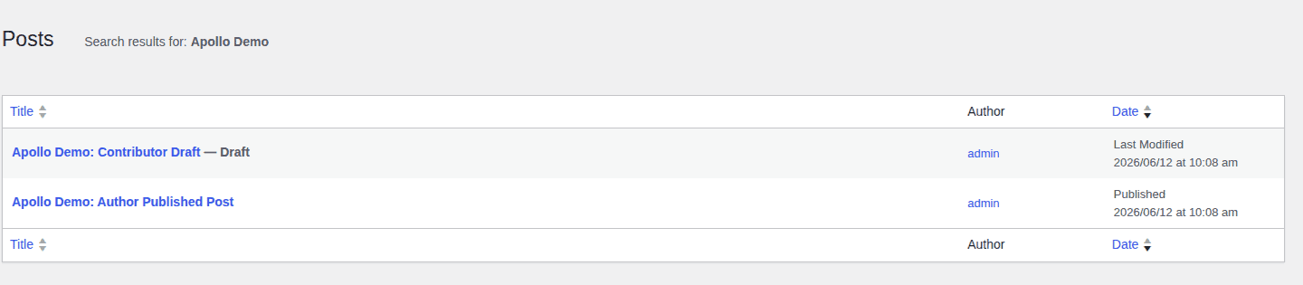 WordPress Posts list showing demo author and contributor content
