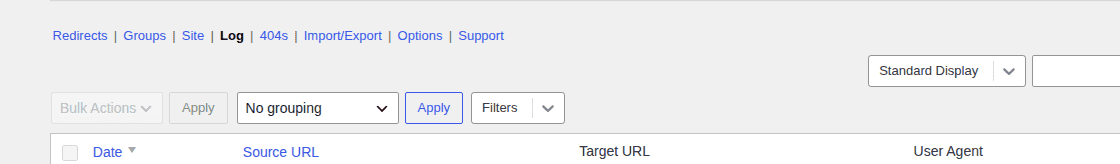 Redirection plugin log and 404 monitoring tabs