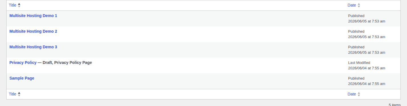 WordPress pages list showing content managed inside the shared installation
