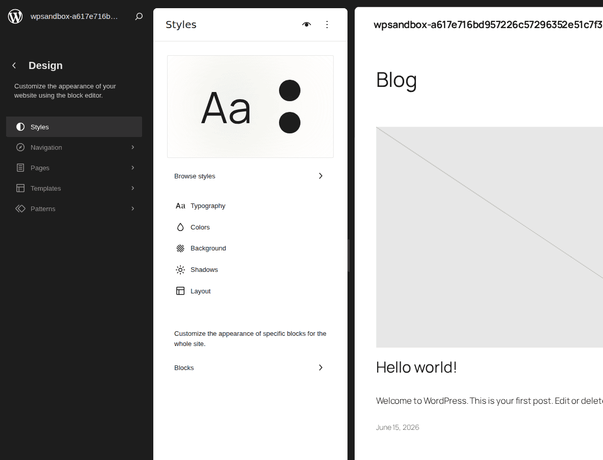 WordPress Site Editor Styles panel for typography and colors