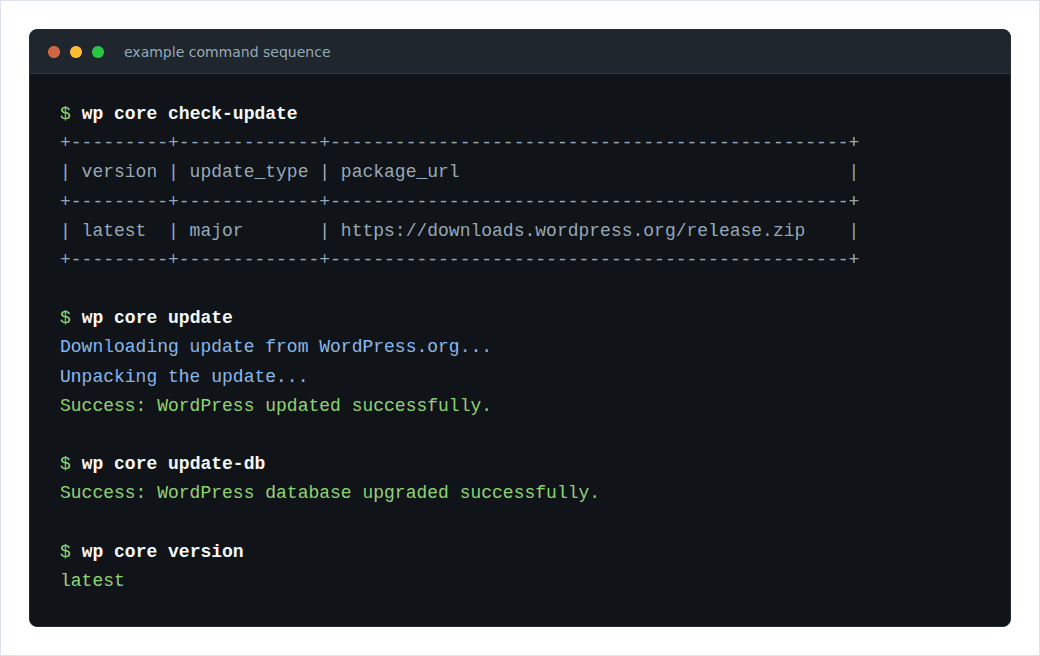 WP-CLI command sequence for checking updating and confirming WordPress core