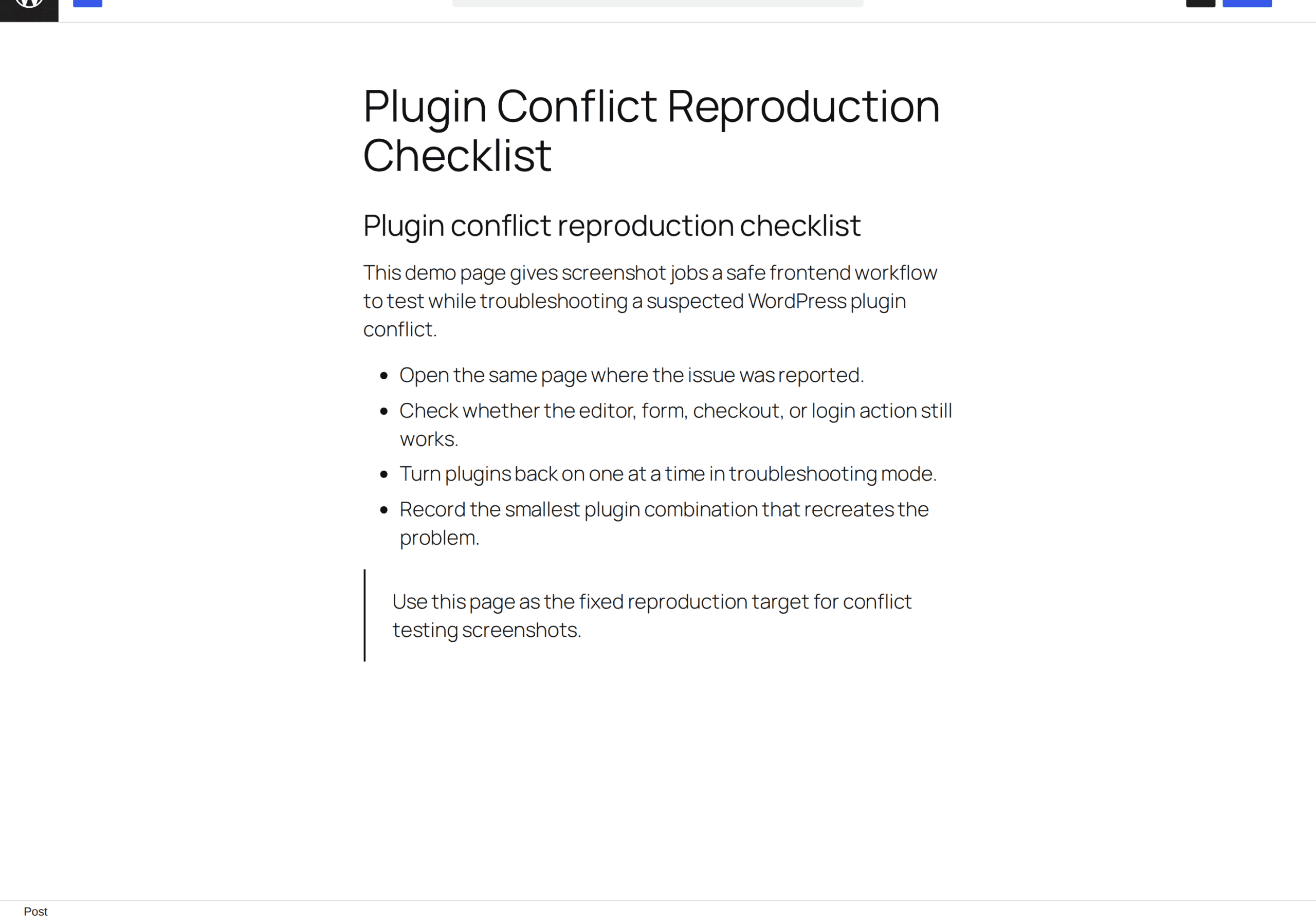 Block editor test page used to reproduce a plugin conflict