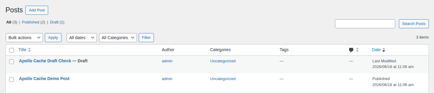 WordPress Posts screen showing published and draft status checks