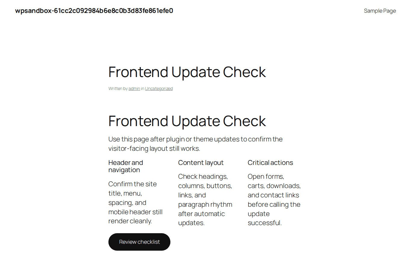 Frontend page output used for checking layout after updates