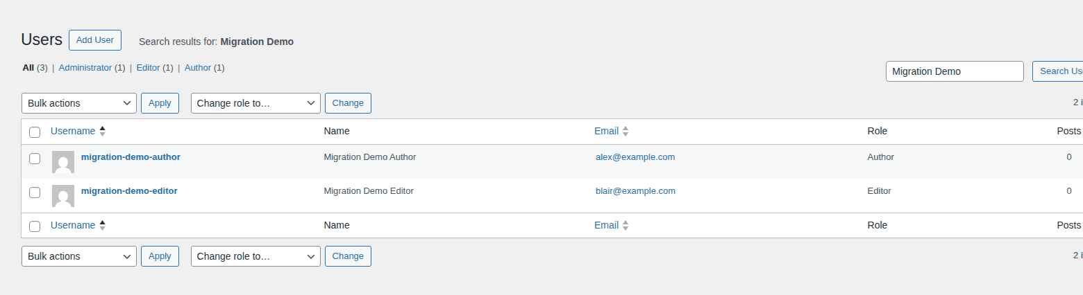 Users list showing migration demo roles to verify