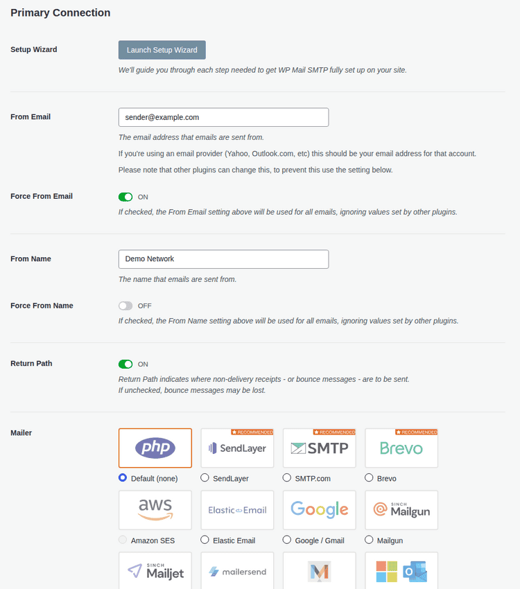 WP Mail SMTP settings with sender and mailer options