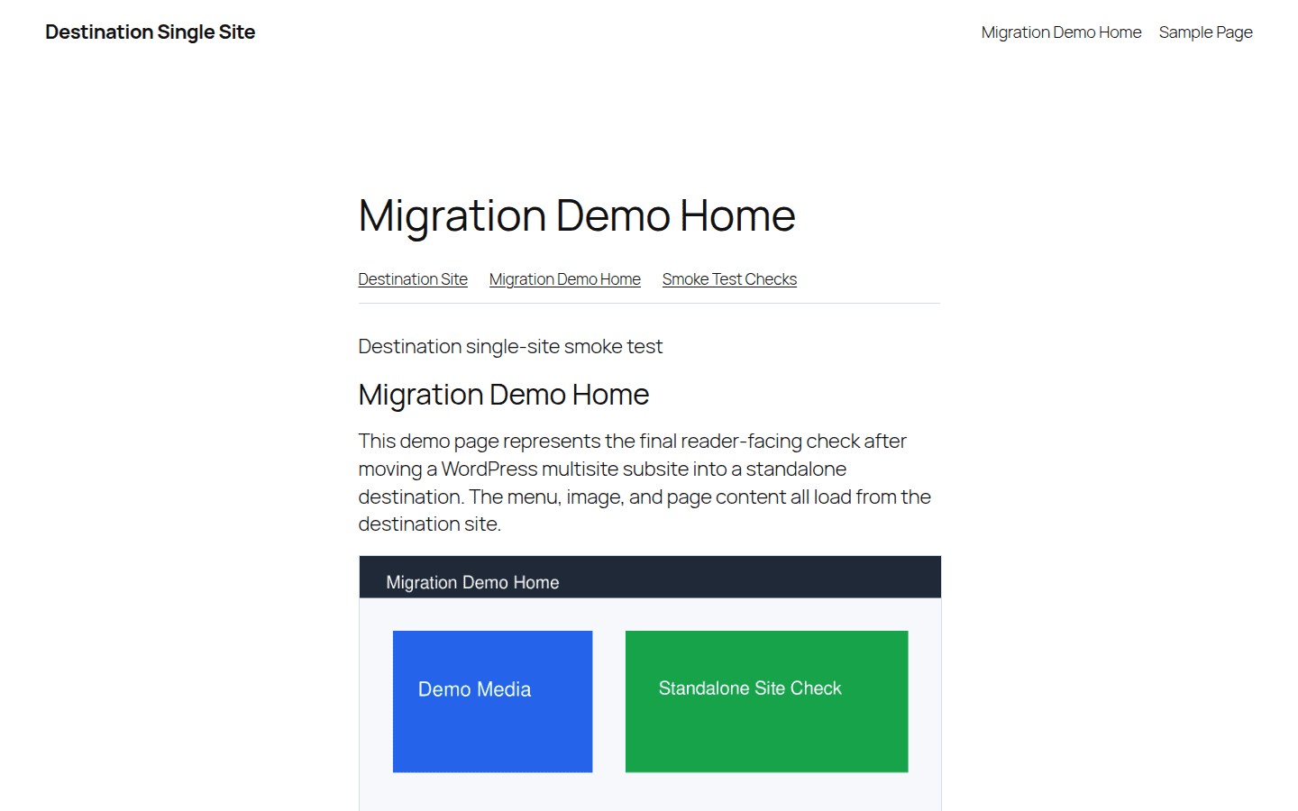 Migrated demo page loaded on the destination site
