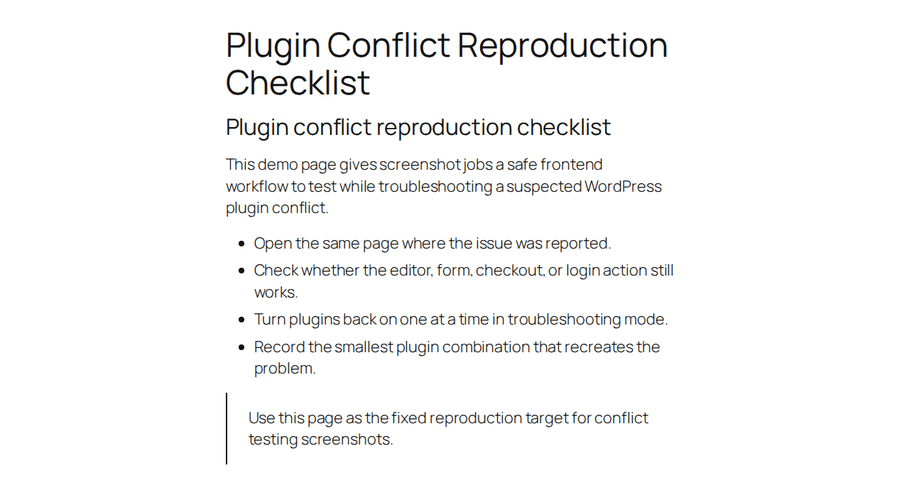 Frontend reproduction page used for consistent plugin conflict retesting