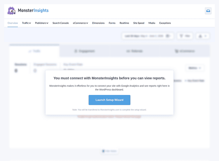 MonsterInsights reports screen in an unconnected demo state