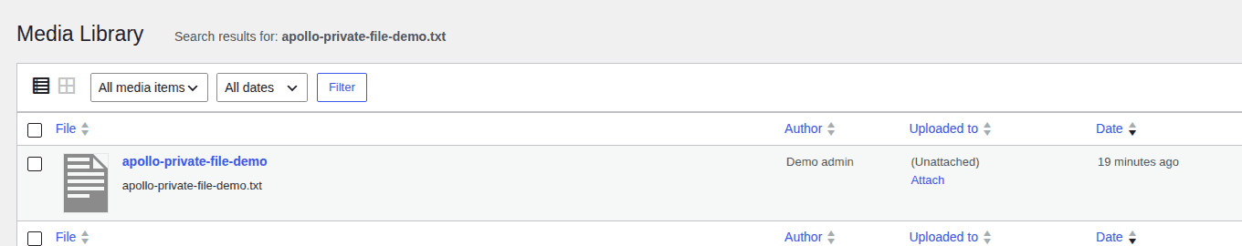 WordPress media library showing an uploaded file used for privacy testing