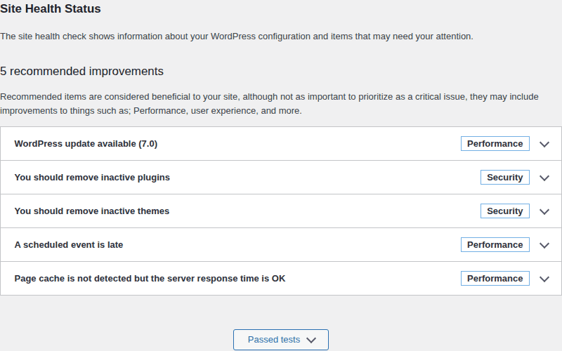 WordPress Site Health status after migration