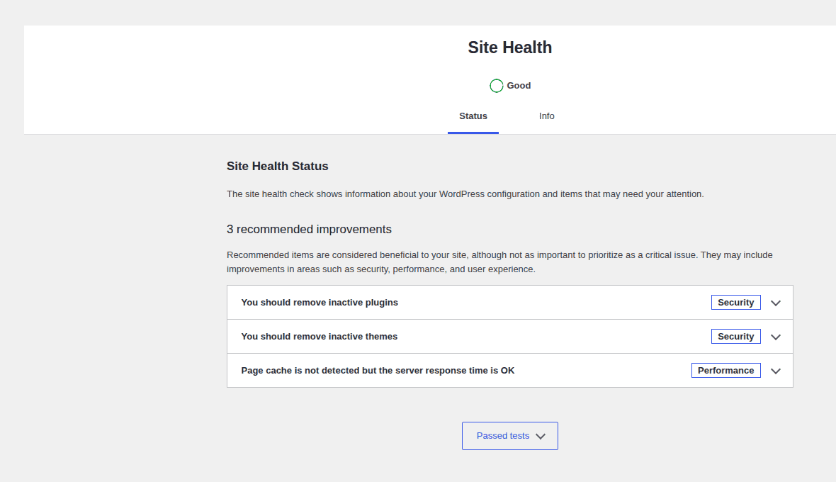 WordPress Site Health performance status before launch