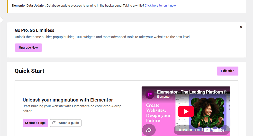 Elementor Data Updater notice in WordPress admin