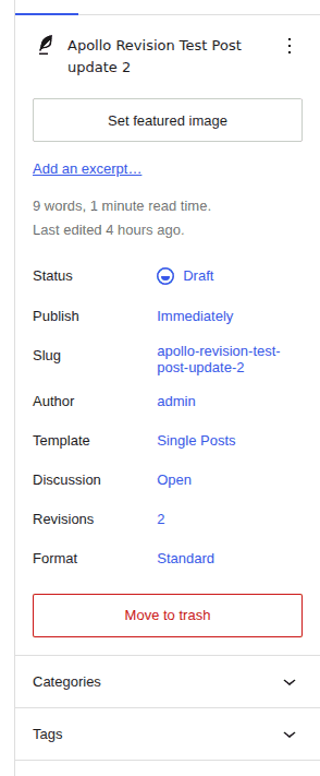 Post editor sidebar showing the Revisions count