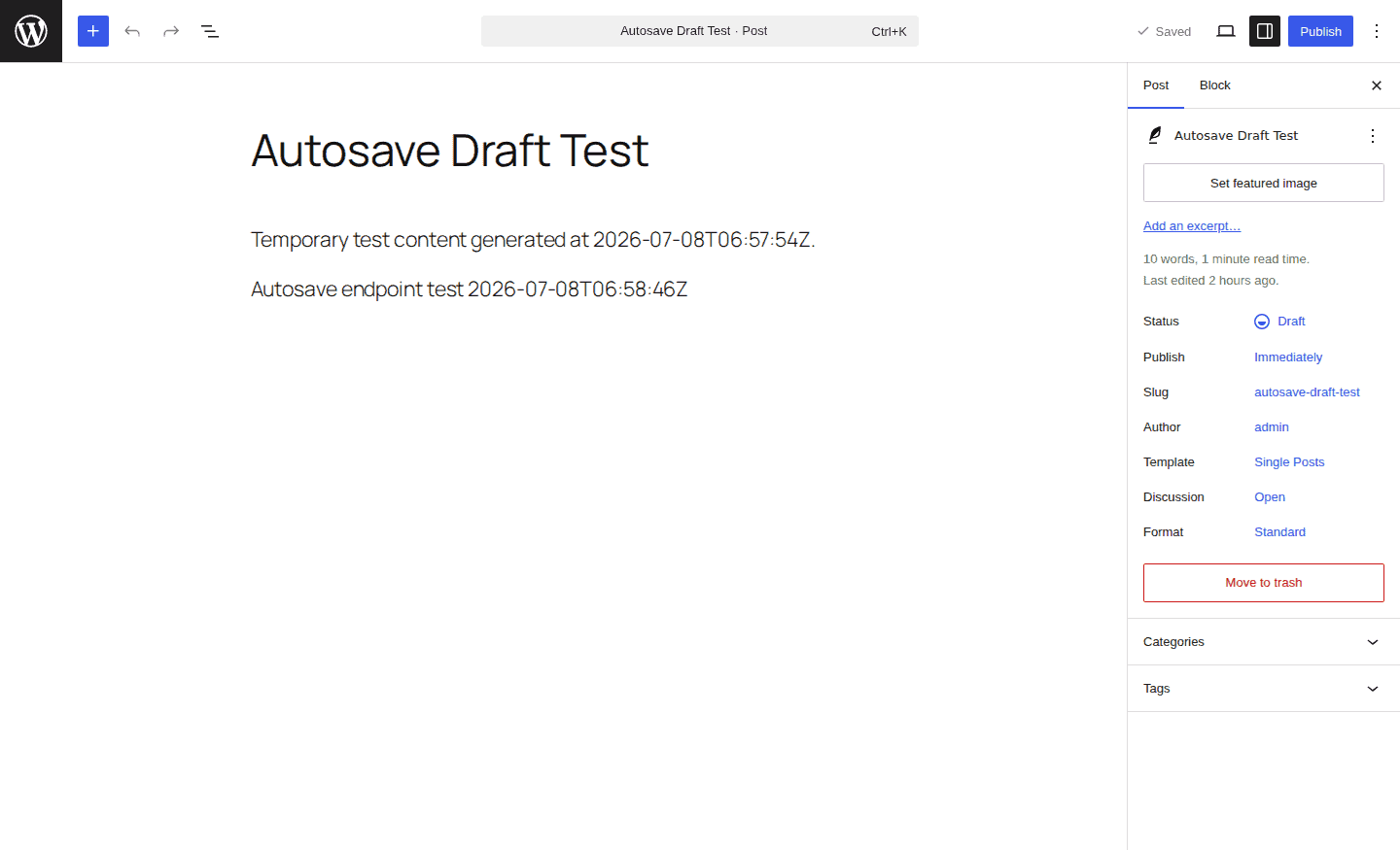 WordPress block editor showing saved draft state