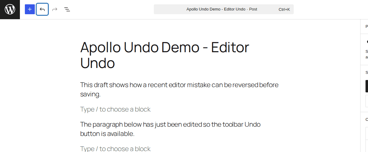 WordPress block editor Undo and Redo controls