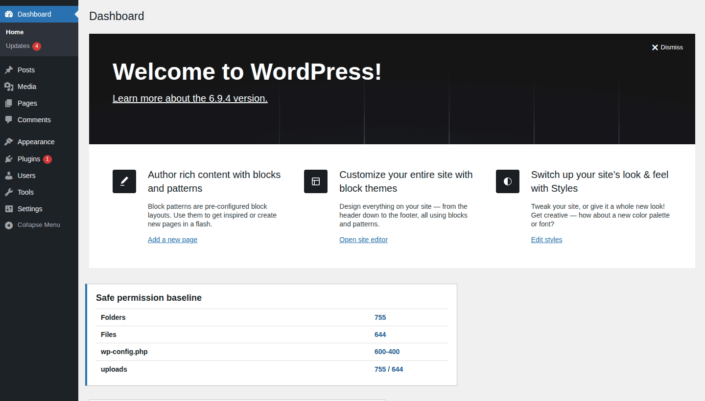 WordPress admin dashboard context for common permission baselines