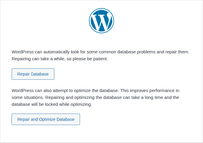 WordPress repair page with repair and optimize options