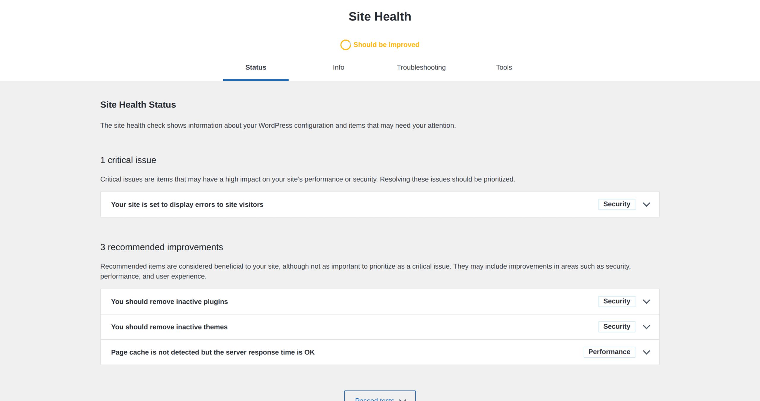 WordPress Site Health status overview in wp-admin