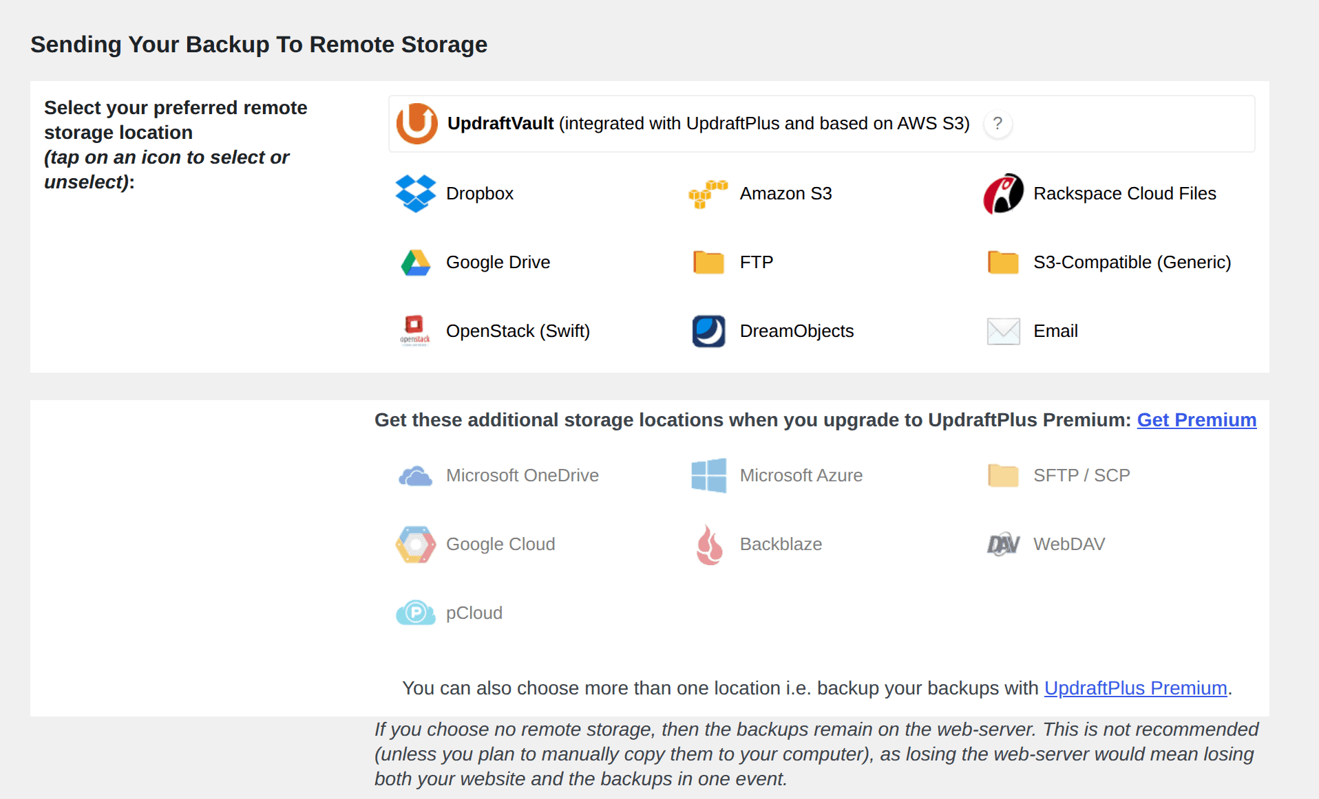 UpdraftPlus remote storage options with Google Drive selected