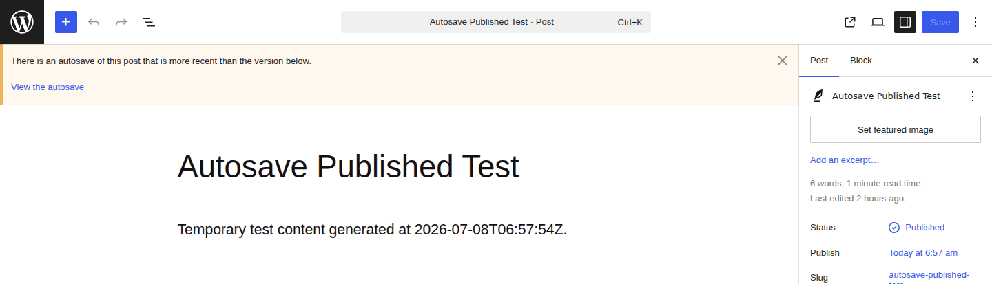 WordPress editor recovery notice for a newer autosave