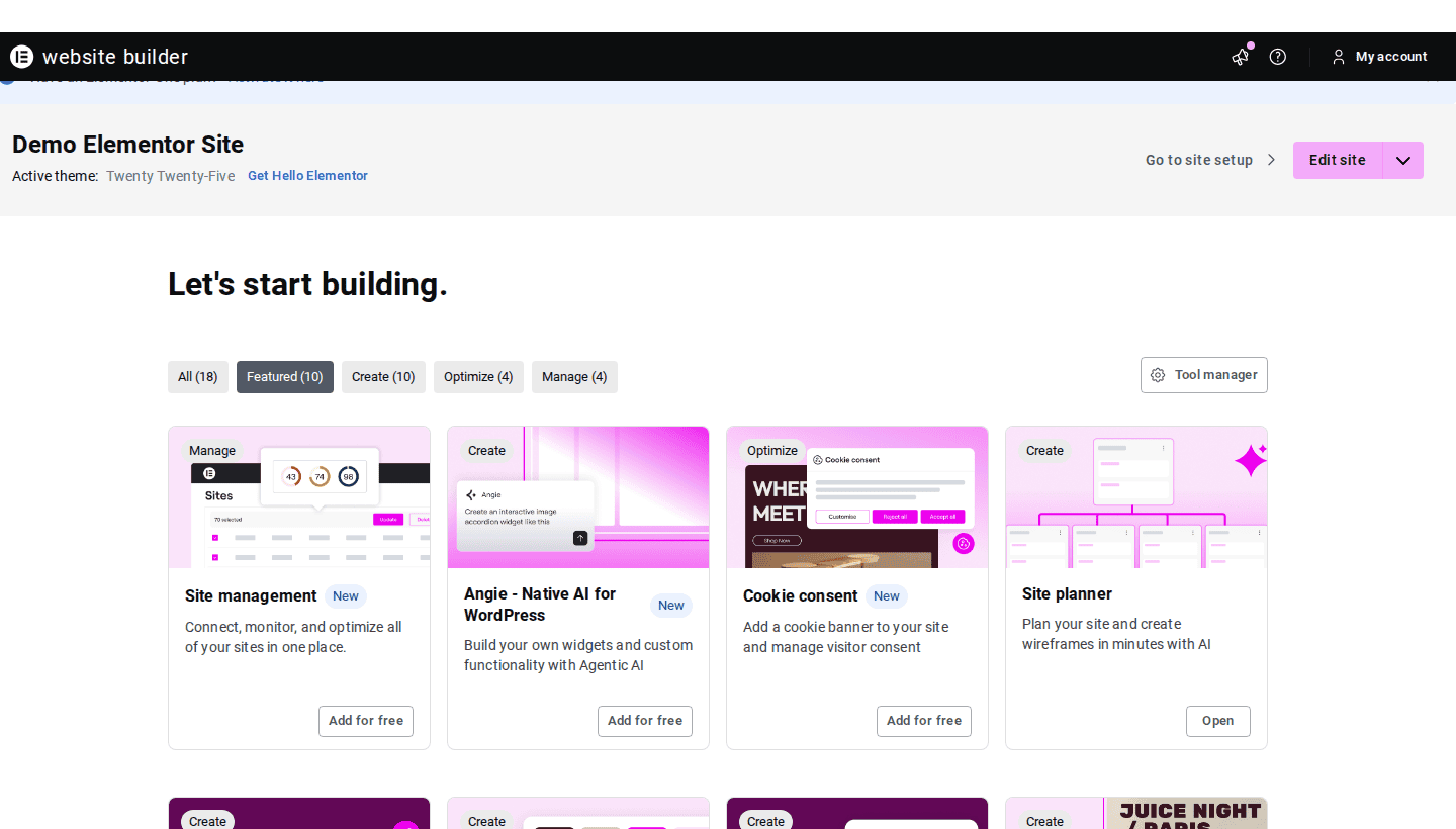 Elementor admin screen confirming wp-admin still opens