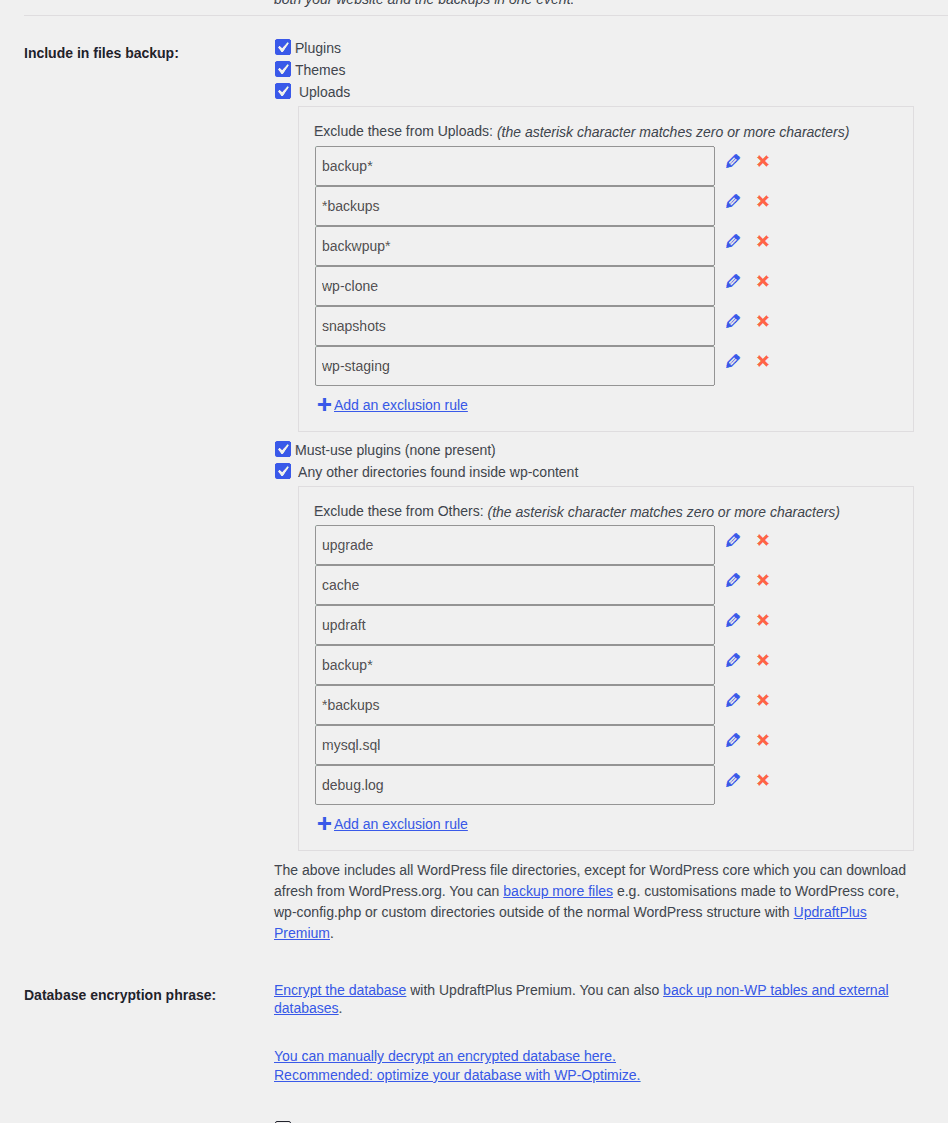 UpdraftPlus file and database backup options