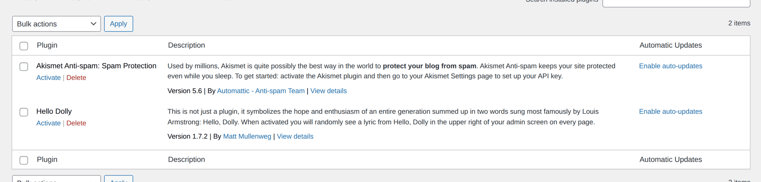 Installed Plugins table with bulk actions for deactivating plugins