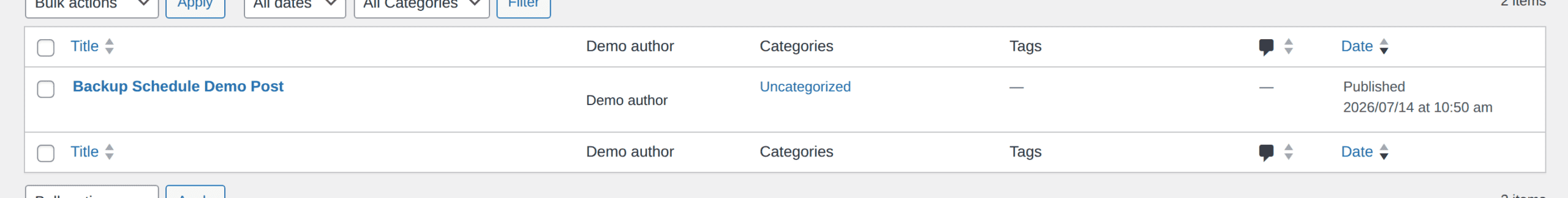 WordPress posts list showing a dated demo post