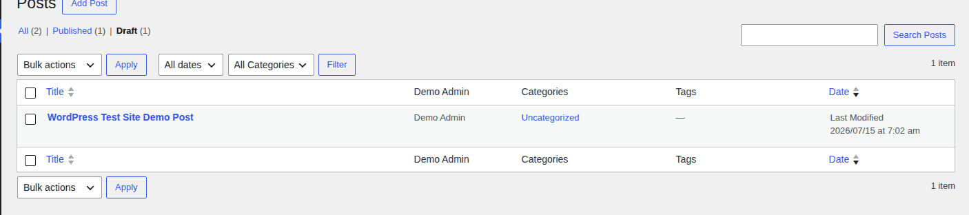 Draft post list in a WordPress test site