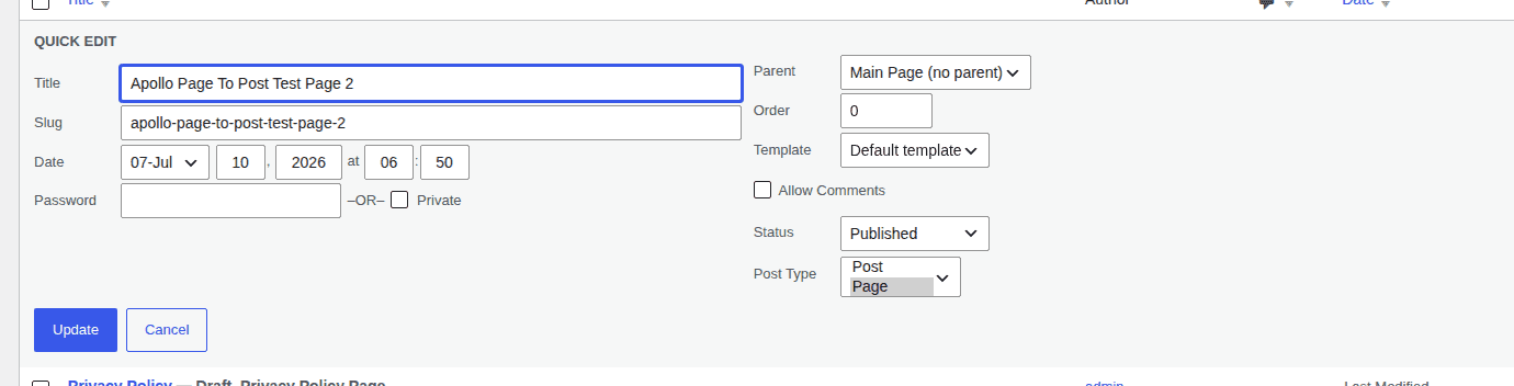 Quick Edit showing the Post Type selector for a page