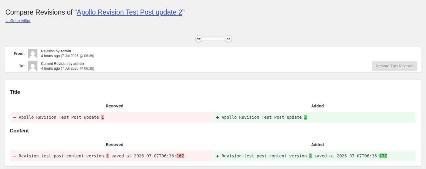 WordPress revision comparison showing highlighted content changes