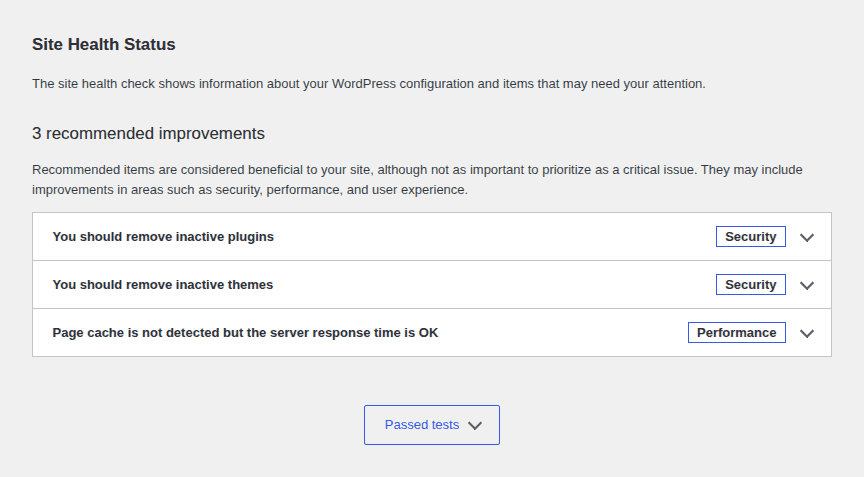 WordPress Site Health showing a real private test environment