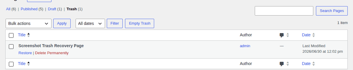 WordPress Trash tab showing the Restore action for a deleted page
