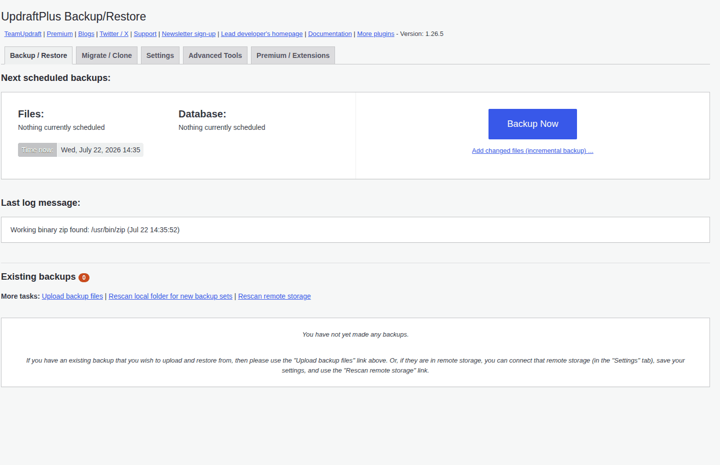 UpdraftPlus backup and restore dashboard