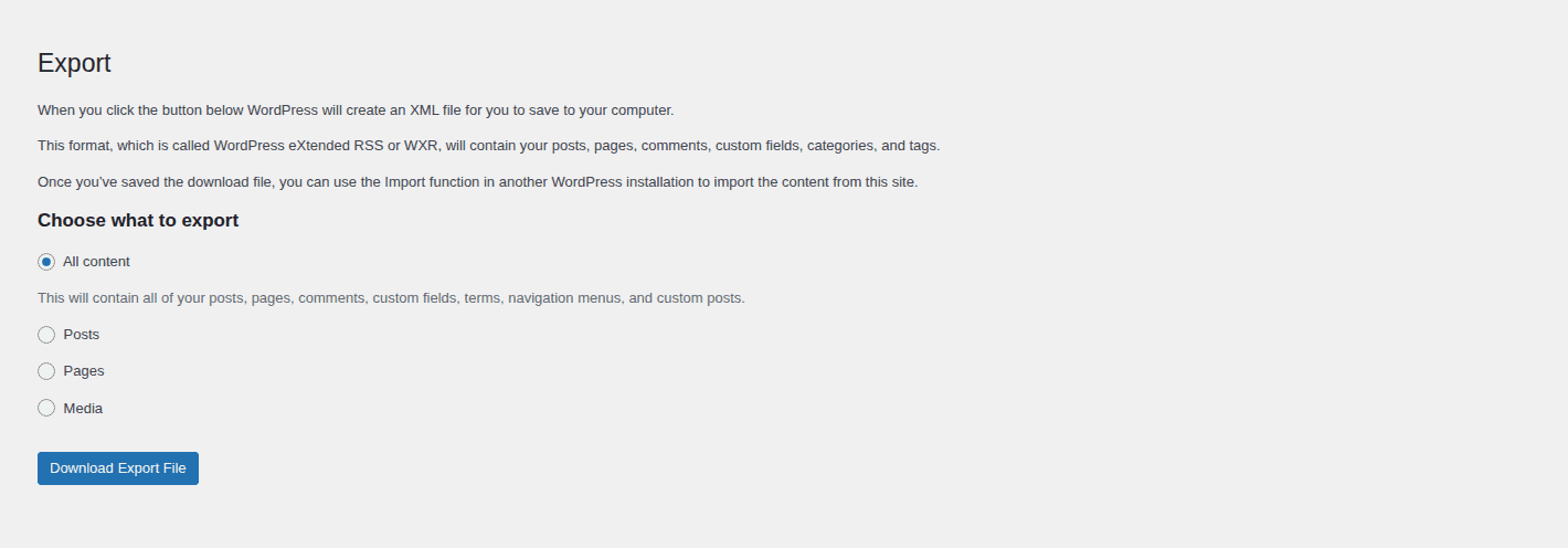 WordPress export tool shown before permission repair work