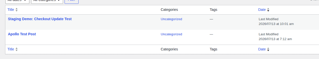staging website demo Draft posts list showing work isolated from the public site