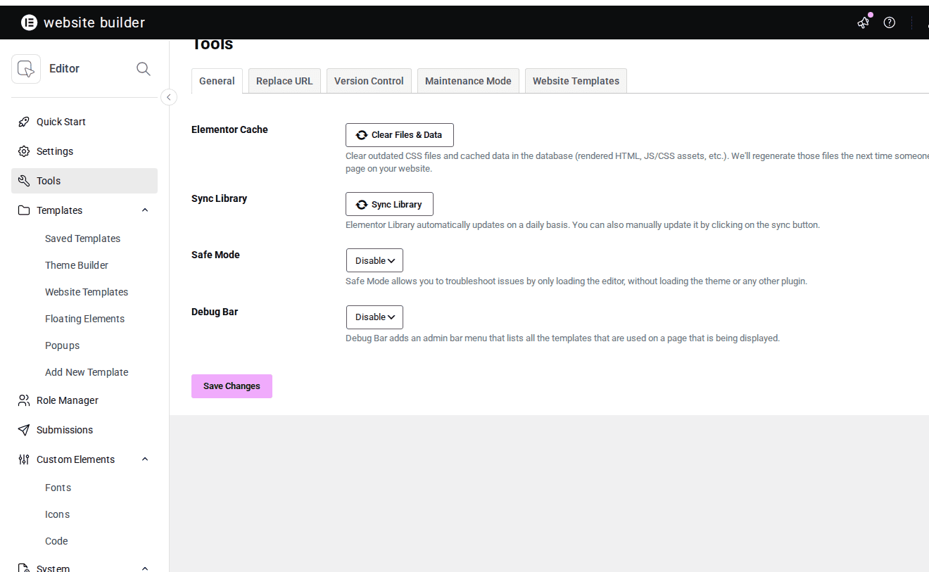 Elementor tools area for regenerating files and syncing library data