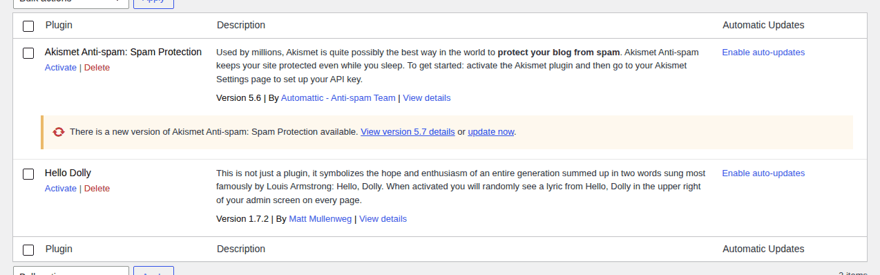 WordPress plugins screen for testing updates