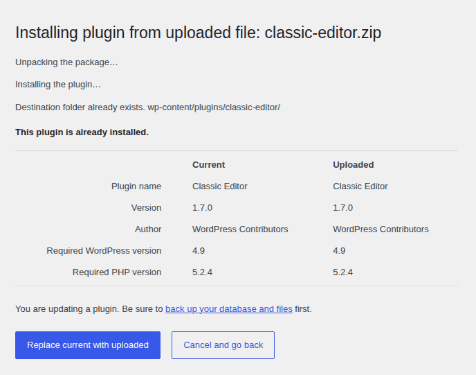 WordPress plugin replacement confirmation screen