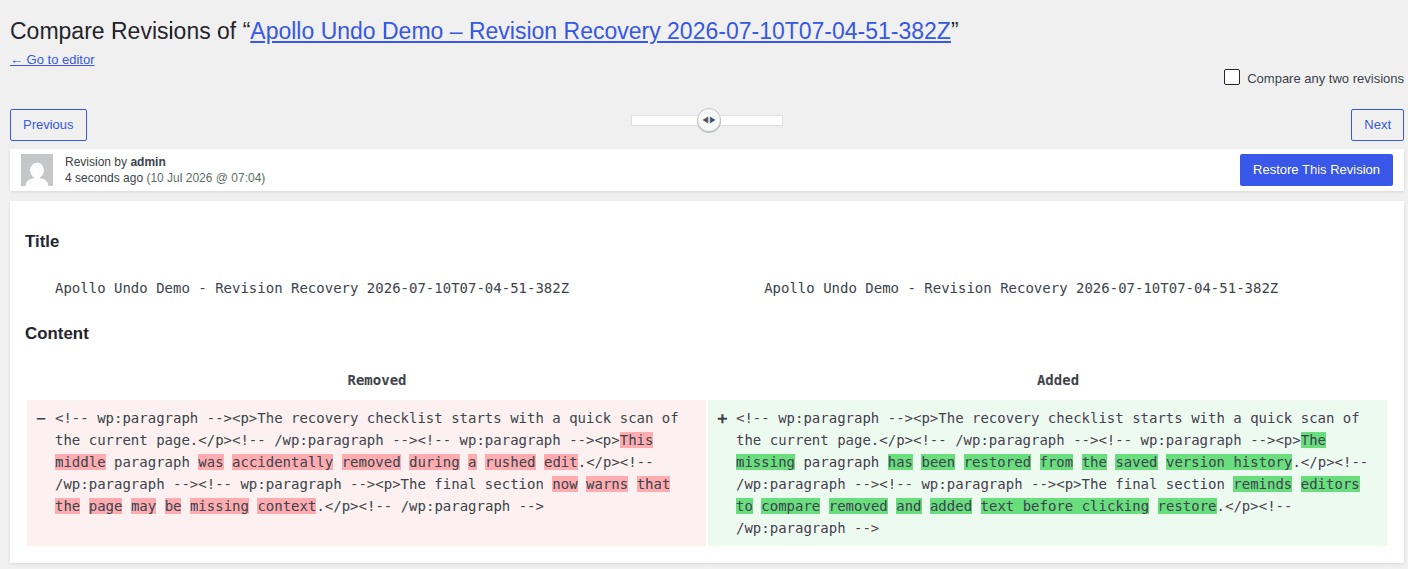 WordPress revision comparison screen with restore action