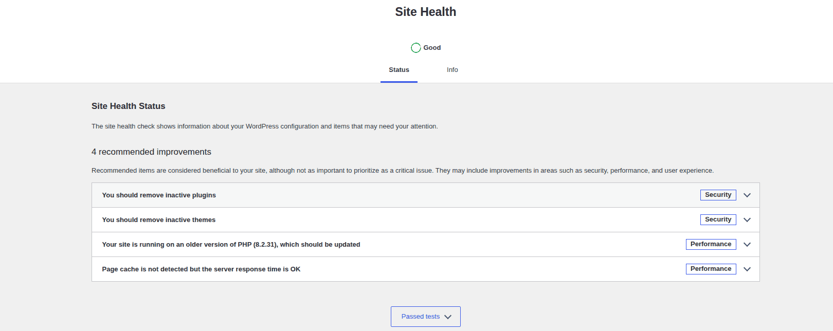 WordPress Site Health status panel for update diagnostics