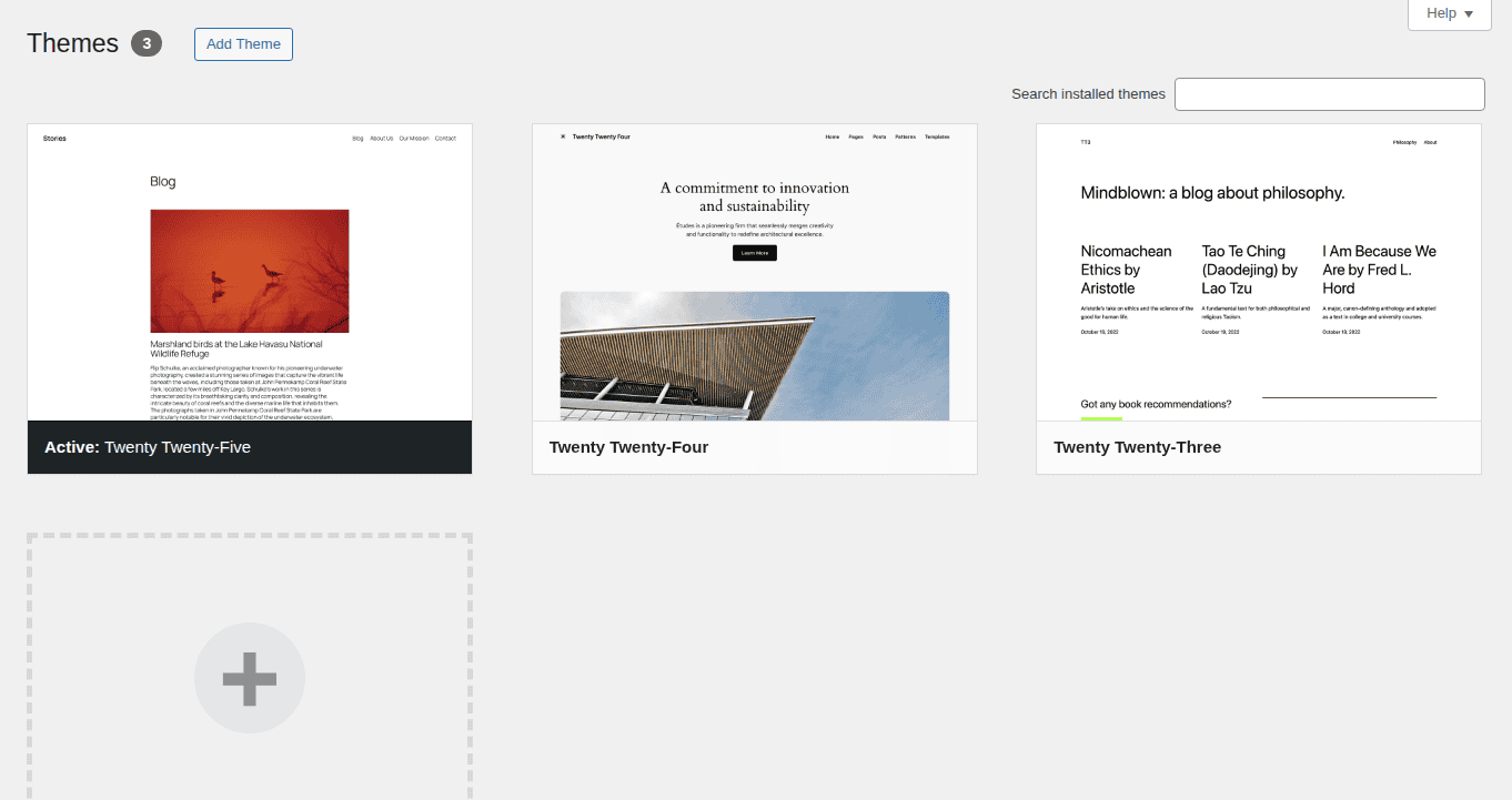 WordPress Themes screen showing default theme options