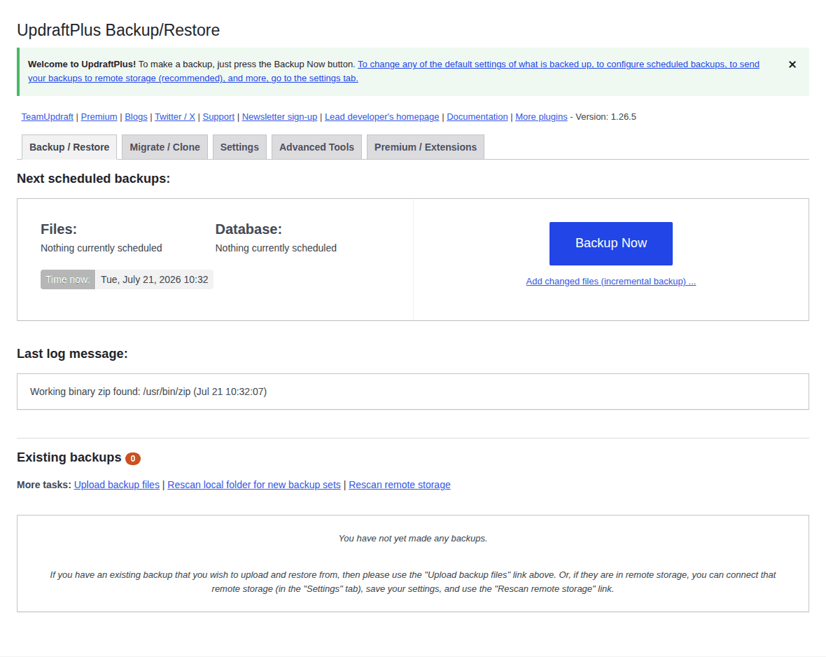 UpdraftPlus Backup and Restore overview screen