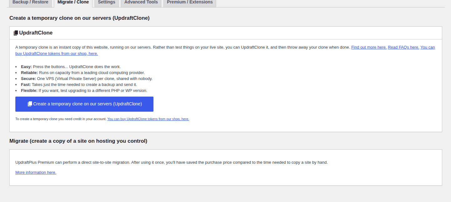 UpdraftPlus migrate and clone options