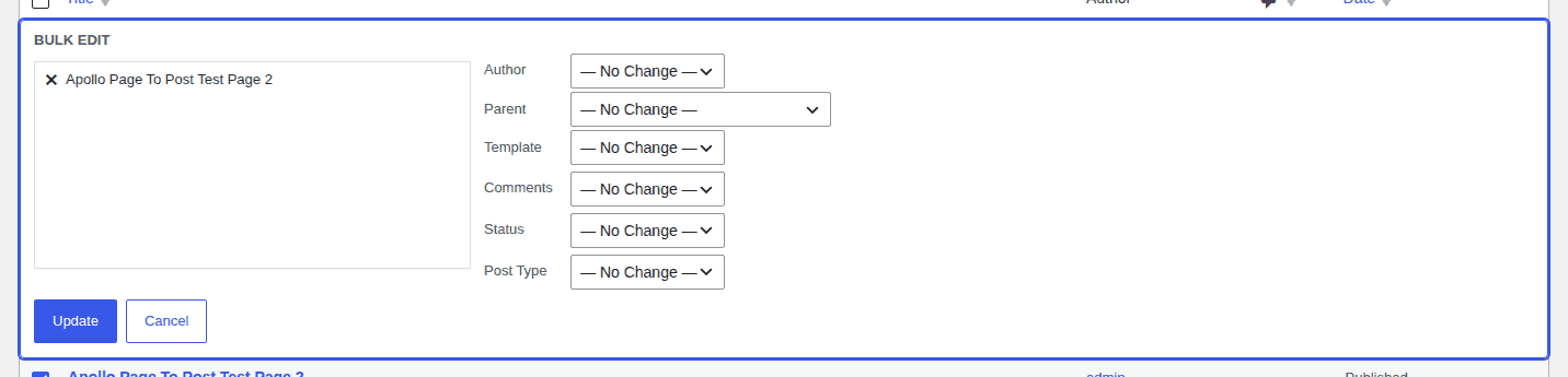 Bulk Edit panel showing the Post Type selector