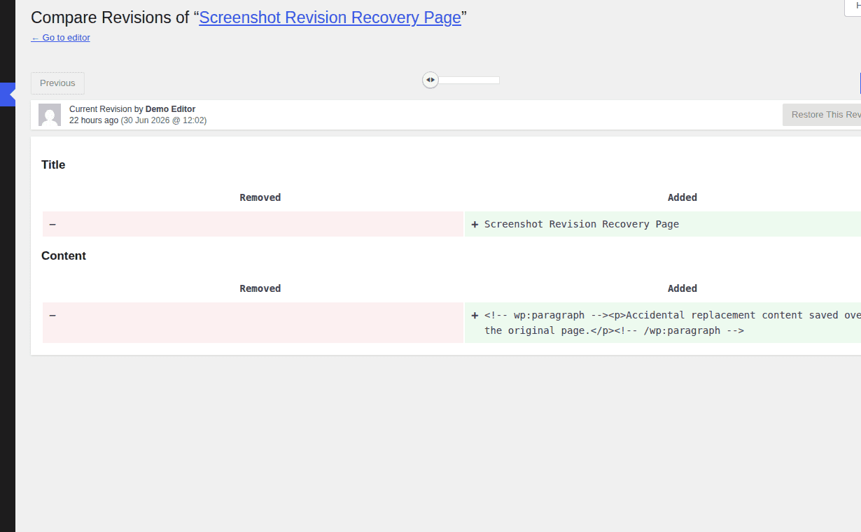 WordPress editor revision controls for recovering overwritten page content
